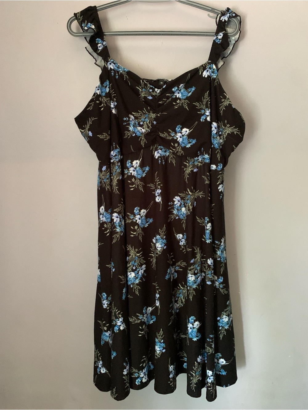 Black Midi Dress with Blue Floral Print and Ruffled Straps Lily Morgan 2X